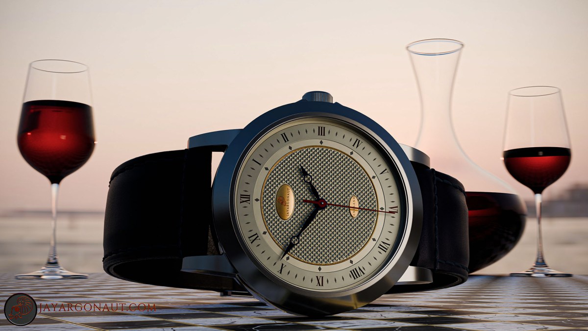 The Apollo-Diamas concept dial watch. Set in a sunset scene. All designed, modelled, and rendered using Blender 4.0