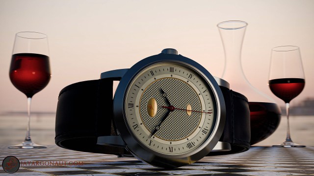 The Apollo-Diamas concept dial watch. Set in a sunset scene. All designed, modelled, and rendered using Blender 4.0