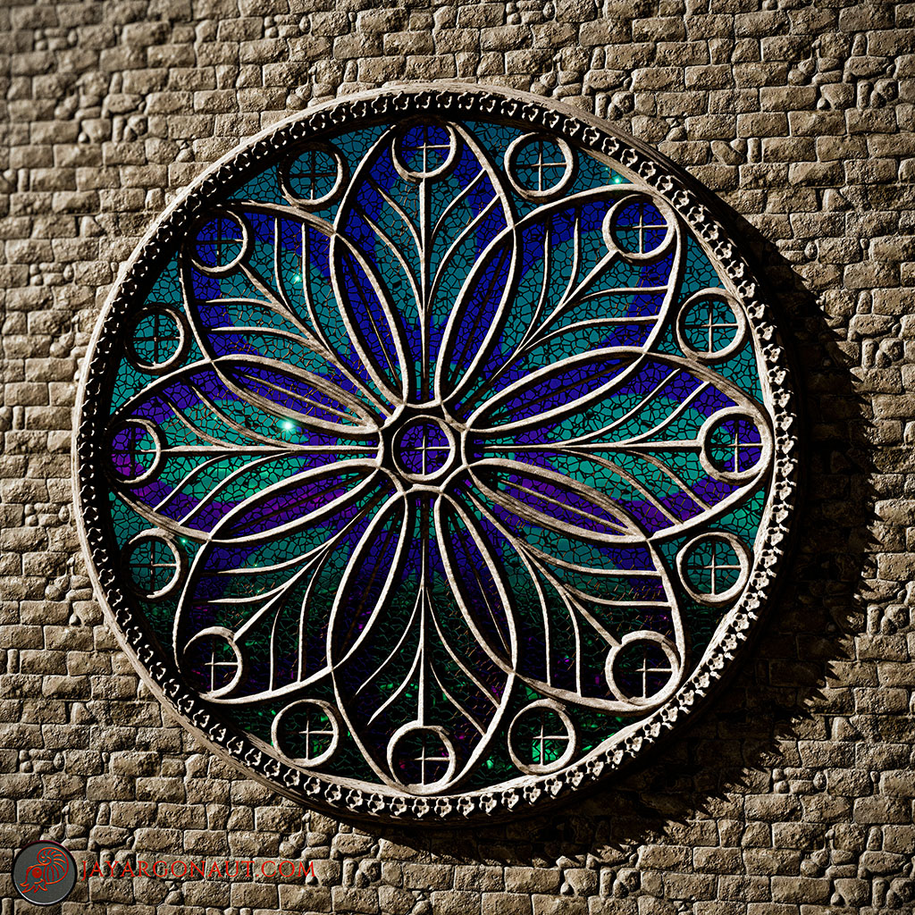 The Cosmos-Flower Rose window. Designed by Jason Garth Edwards. All modelled, designed, and rendered using Blender 4.0