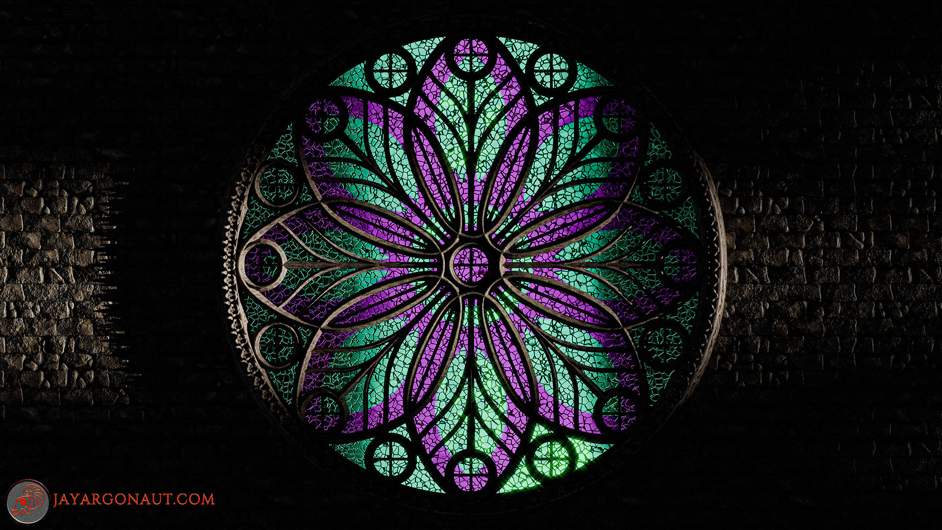 The Cosmos-Flower Rose window. Designed by Jason Garth Edwards. All modelled, designed, and rendered using Blender 4.0. With a dark lighting set-up and Cosmos-Flower stained glass display.