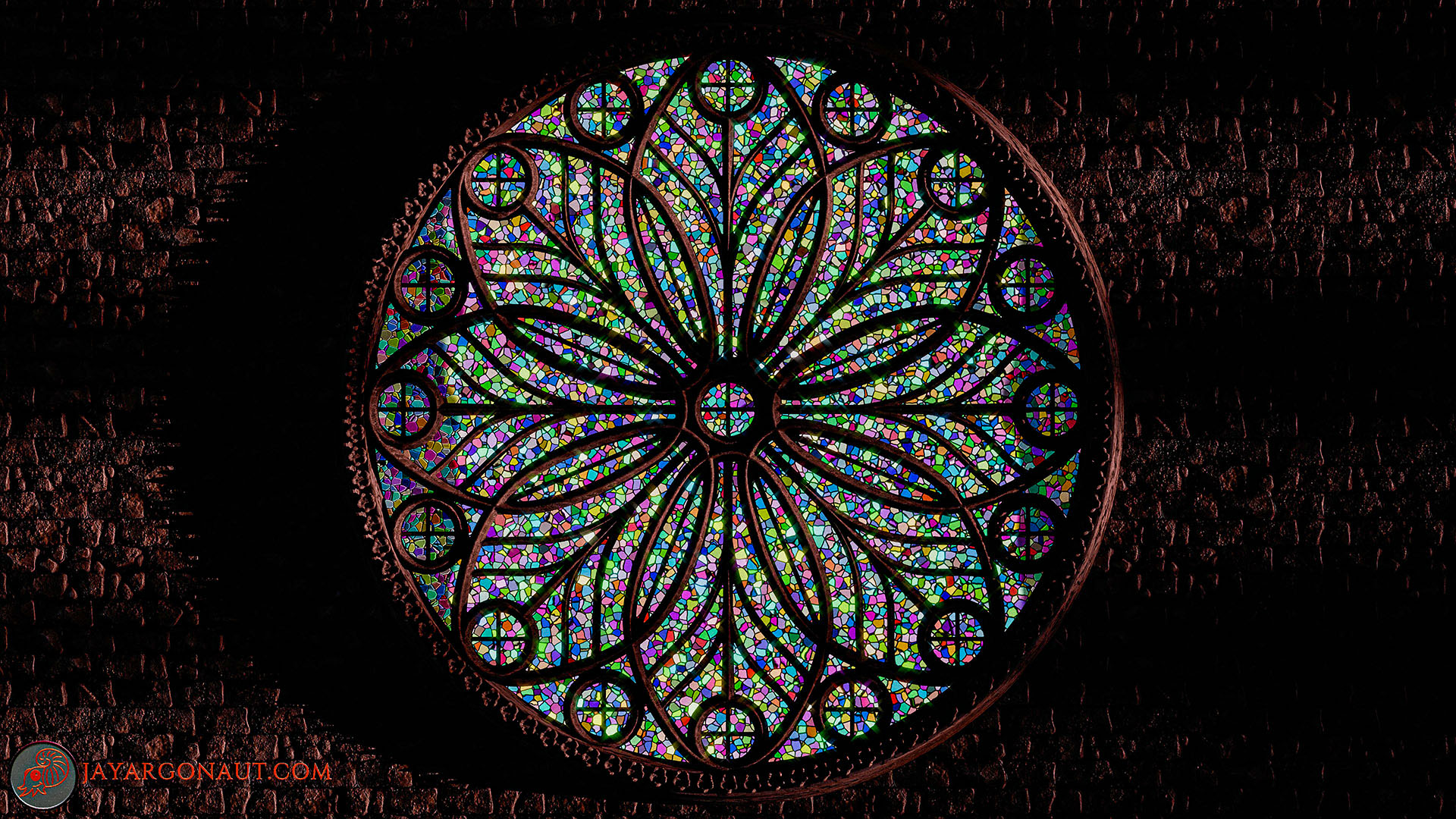 The Cosmos-Flower Rose window. Designed by Jason Garth Edwards. All modelled, designed, and rendered using Blender 4.0. - Here showing a red/brown lighting set-up.