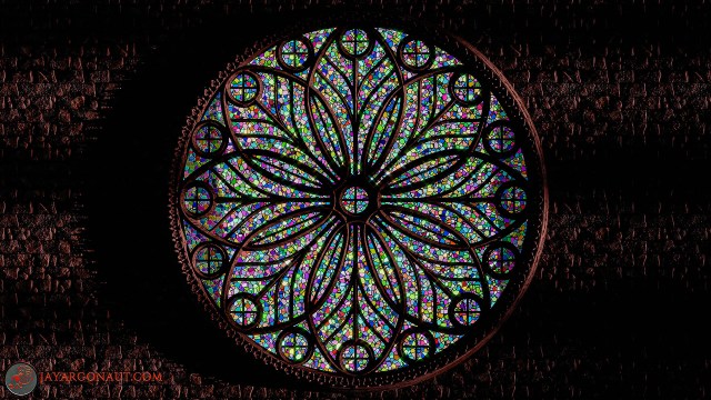 The Cosmos-Flower Rose window. Designed by Jason Garth Edwards. All modelled, designed, and rendered using Blender 4.0. - Here showing a red/brown lighting set-up.