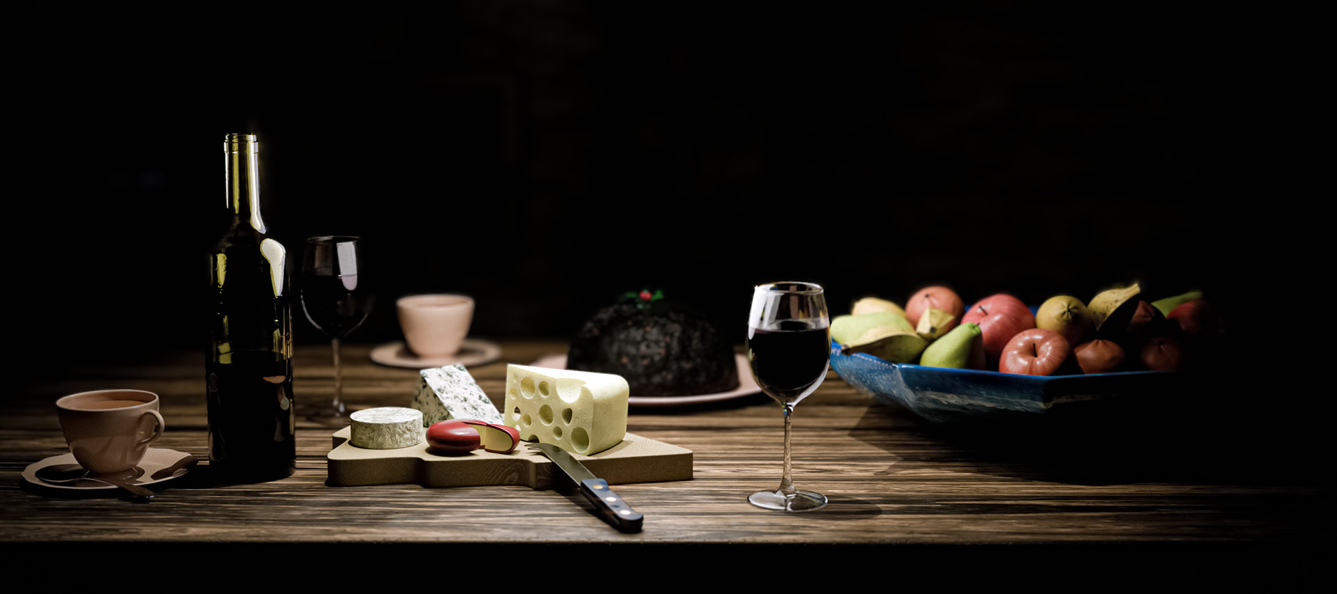 'A Fine Festive Feast' still-life render close-up shot. Designed, composed, and rendered by Jason Garth Edwards at www.jayargonaut.com