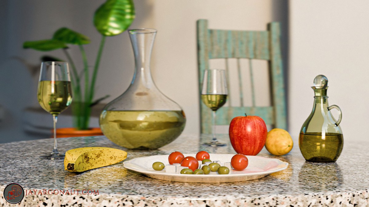 A still-life scene set in a warm sunny Mediterranean feel. All designed, modelled, and rendered by myself using Blender 4.0. find out more by contacting me at www.jayargonaut.com