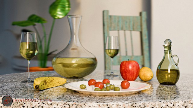 A still-life scene set in a warm sunny Mediterranean feel. All designed, modelled, and rendered by myself using Blender 4.0. find out more by contacting me at www.jayargonaut.com