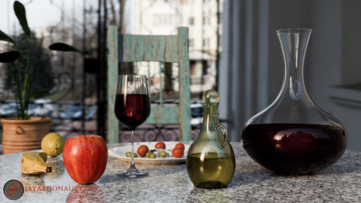 A slightly warm afternoon table scene. All designed, modelled, and rendered by myself using Blender 4.0, here at www.jayargonaut.com