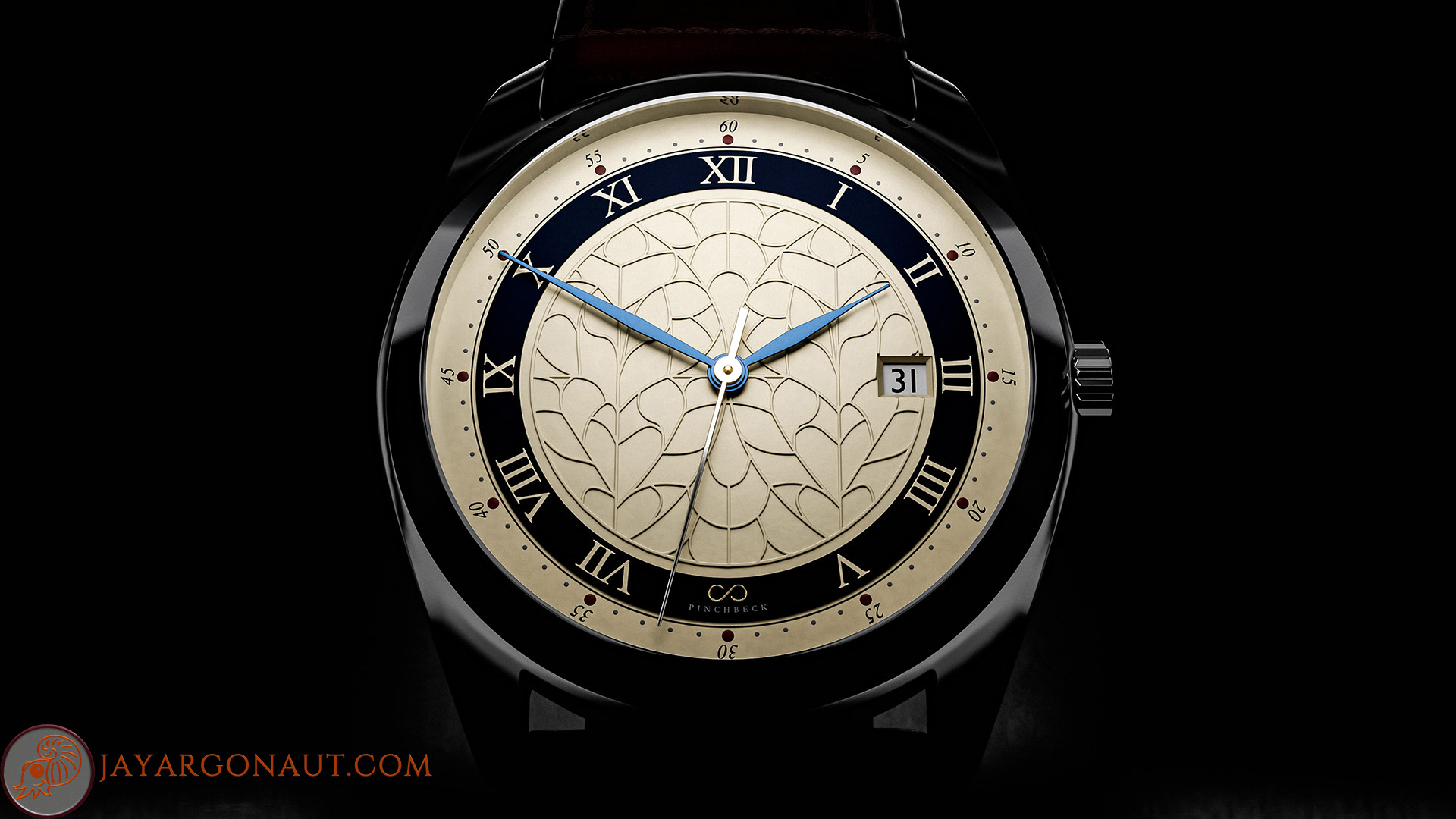 The Lindum watch I designed and created for Harold Pinchbeck Ltd using Blender. This version of the Lindum watch I created with a parchment coloured dial.