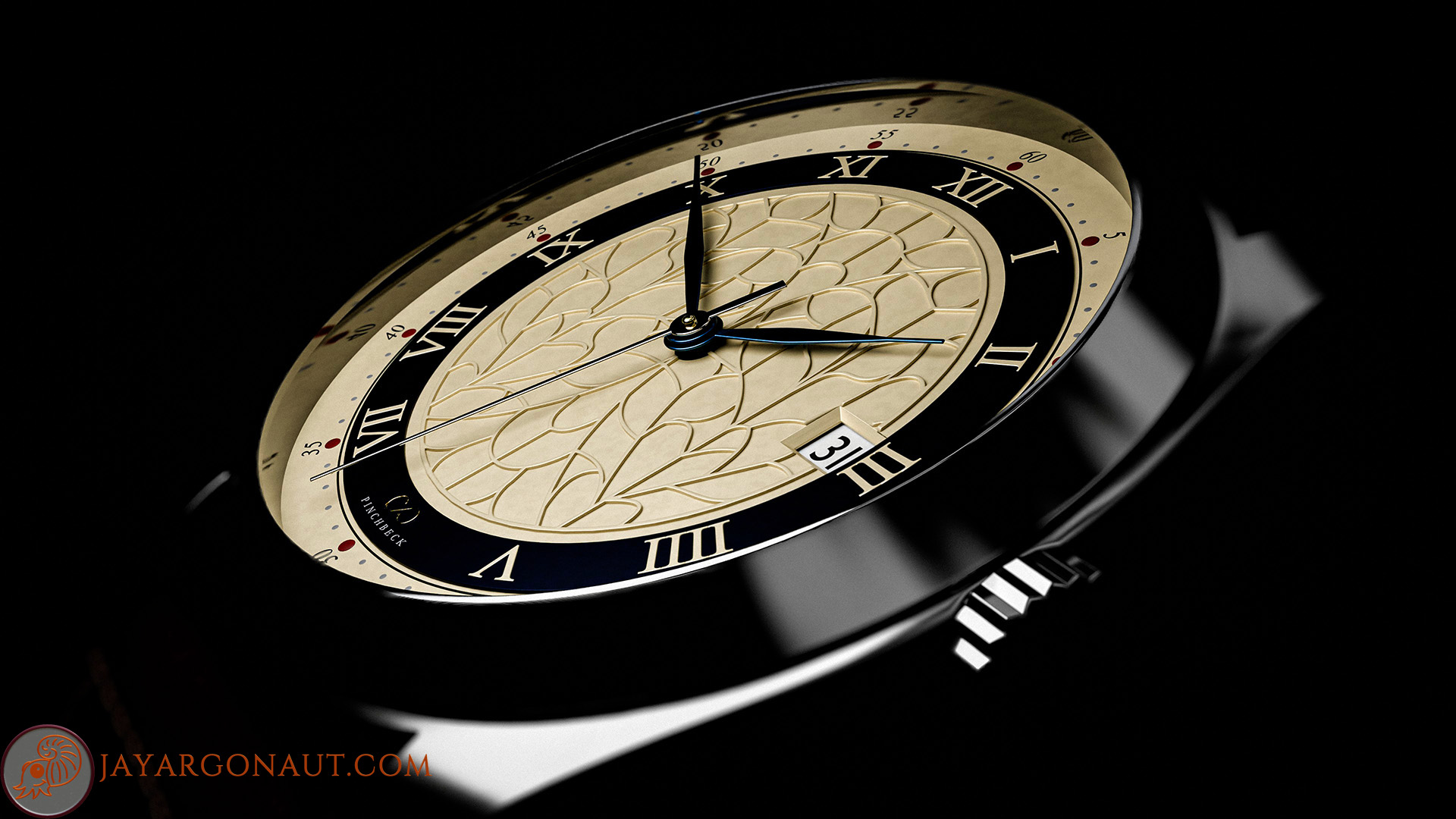 The Lindum watch I designed and created for Harold Pinchbeck Ltd using Blender. This version of the Lindum watch I created with a parchment coloured dial.