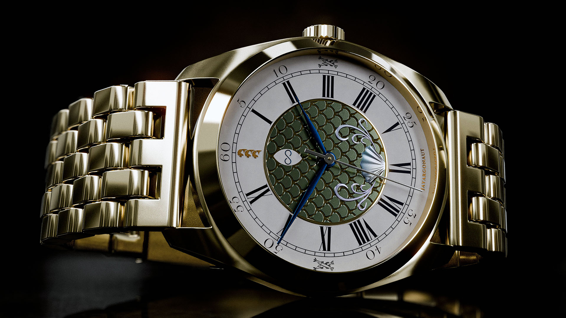 A fish/water styled watch with scales pattern instanced over a vector grid and yellow-gold material application. Designed, modelled, and rendered using Blender 4.0 creative suite.