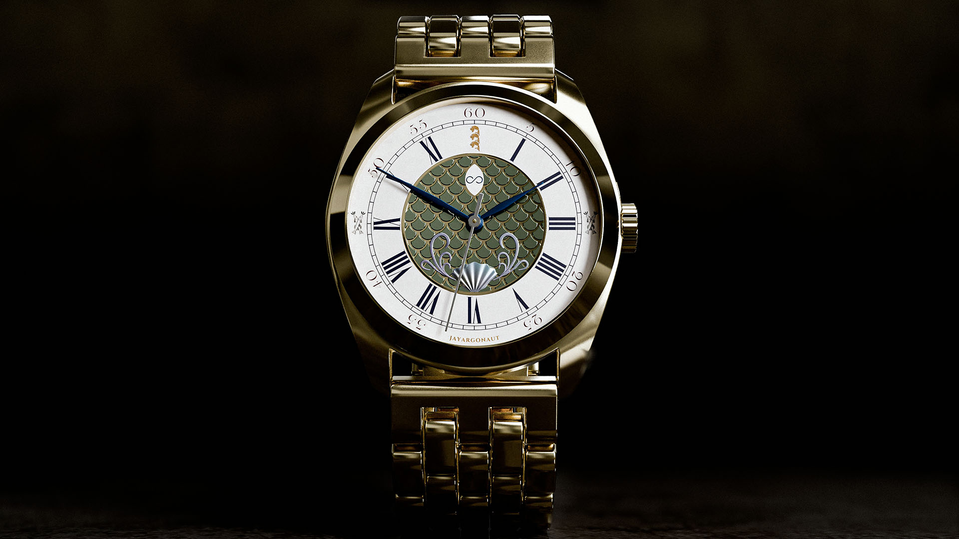 A fish/water styled watch with scales pattern instanced over a vector grid and yellow-gold material application. Designed, modelled, and rendered using Blender 4.0 creative suite.