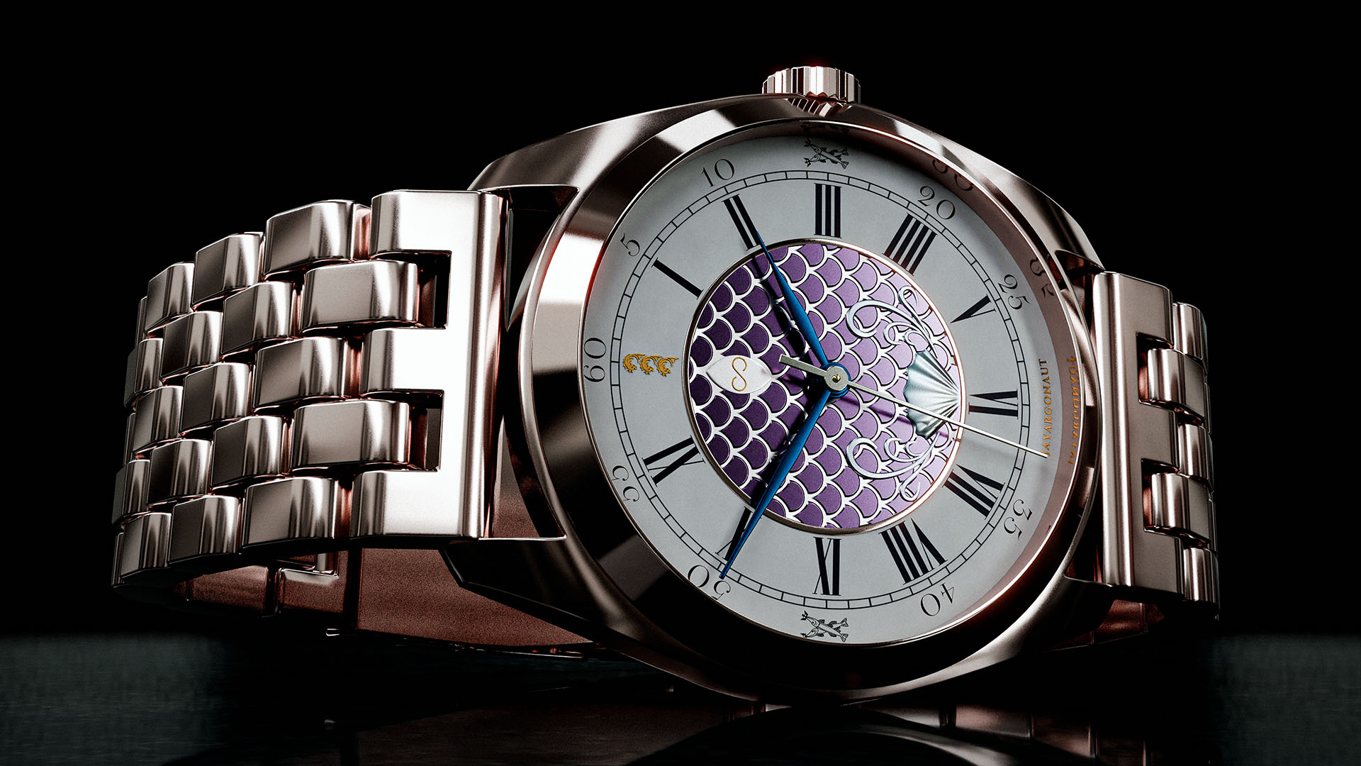 My fish/water styled watch dial with scales pattern instanced over a vector grid and rose-gold material application. Designed, modelled, and rendered using Blender 4.0 creative suite.