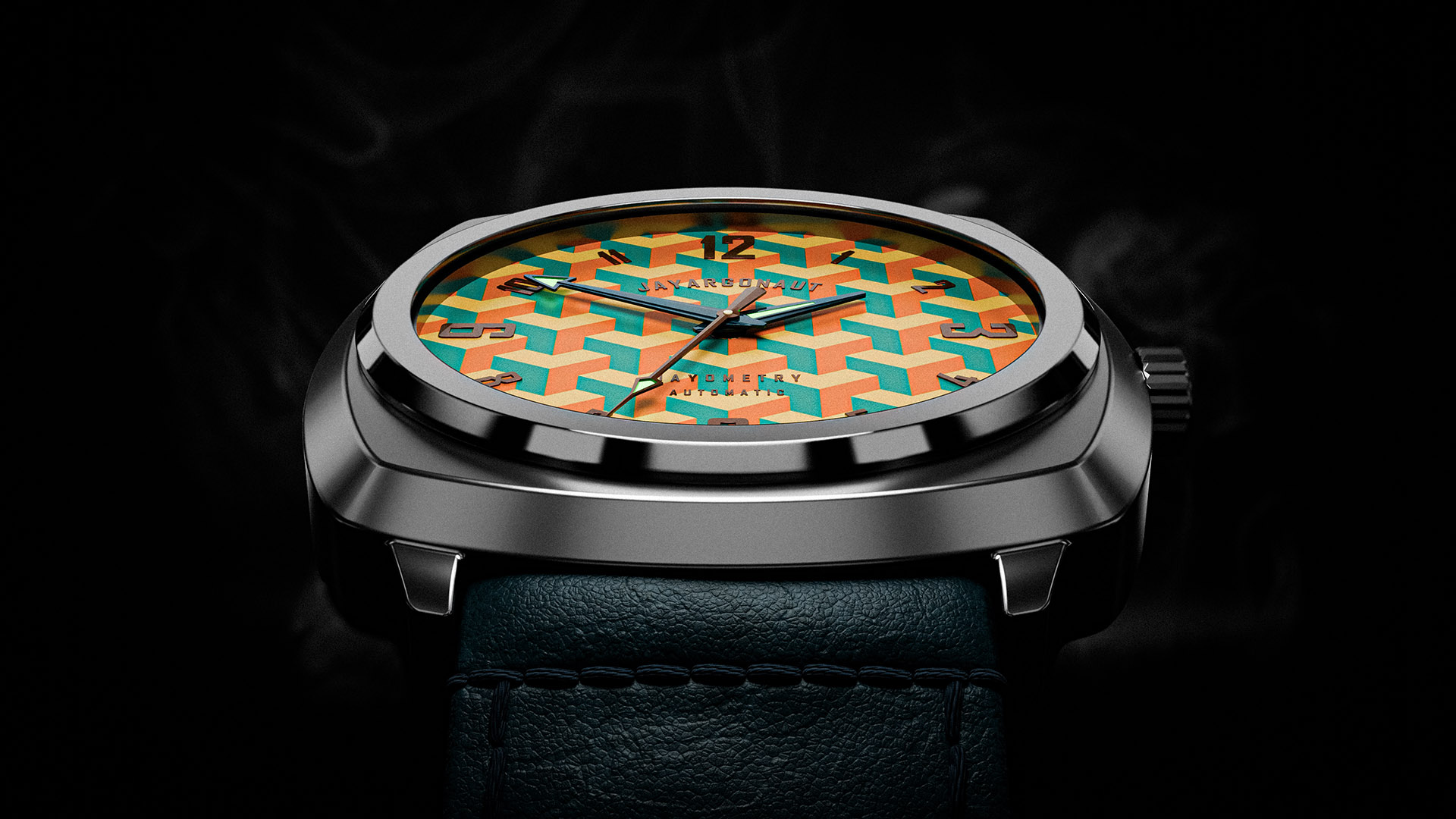 A retro styled square concept watch with geometric patterned dial. Designed and rendered by Jason Garth Edwards at www.jayargonaut.com