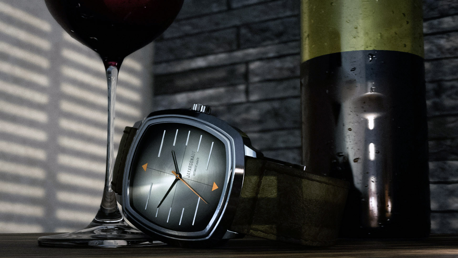 A 70s retro-futuristic styled concept wrist watch with square shaped dial. Designed & rendered in Blender 4.2 using AGX colour managament by Jason Garth Edwards at www.jayargonaut.com