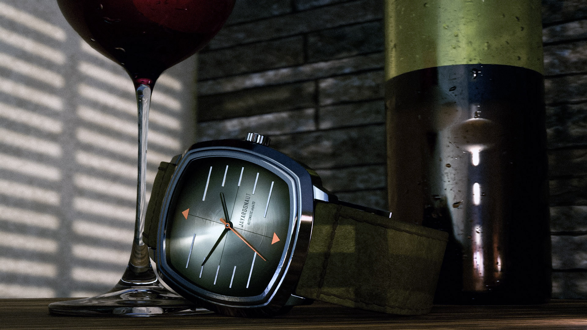 A 70s retro-futuristic styled concept wrist watch with square shaped dial. Designed & rendered in Blender 4.2 using Khronos PBR Neutral colour managament by Jason Garth Edwards at www.jayargonaut.com
