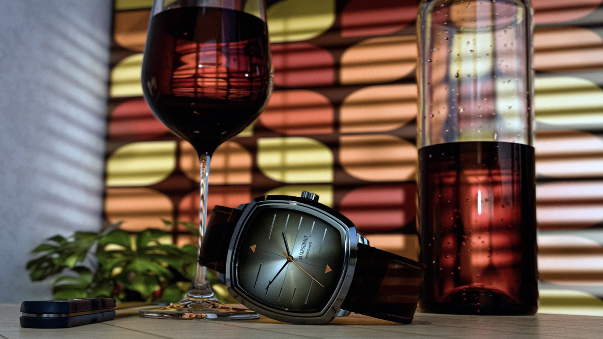 A retro styled concept watch in kitchen still-life scene. Designed & rendered in Blender 4.2 using AGX colour managament by Jason Garth Edwards at www.jayargonaut.com