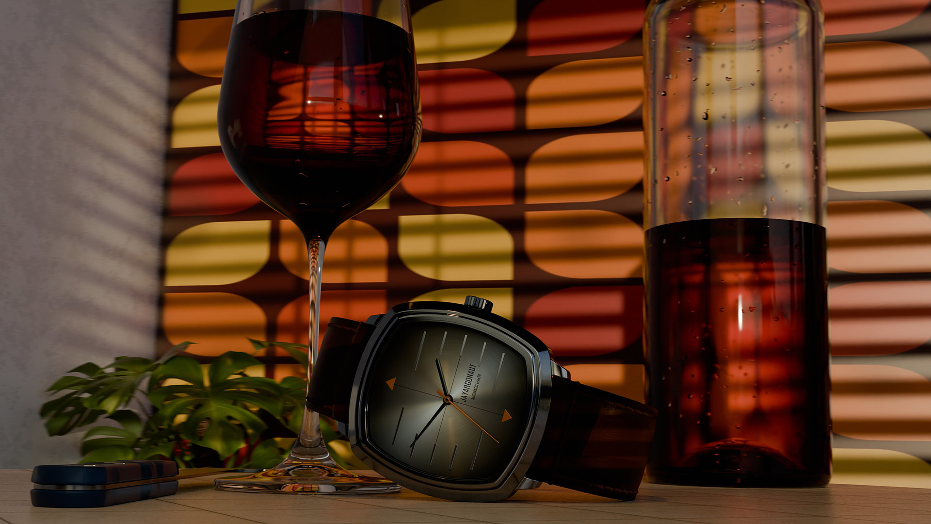 A retro styled concept watch in kitchen still-life scene, pre-processing. Designed & rendered in Blender 4.2 using AGX colour managament by Jason Garth Edwards.