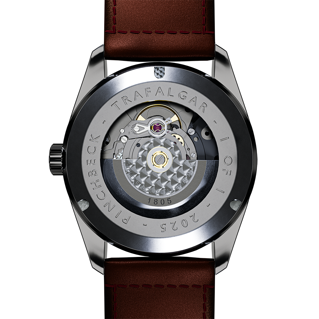 A back view of the Trafalgar one-off charity edition automatic wrist watch - designed, modelled, and digitally rendered by Jason Garth Edwards at www.jayargonaut.com